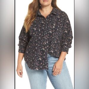 Talbots Women's Sz 14 Floral Bird Button Front Roll Tab Sleeve Shirt Multicolor